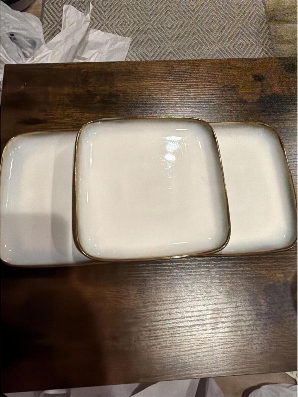 3 Sango  Square Ceramic Lunch Salad Plates Avocado & Blue 7.5" Wide *
